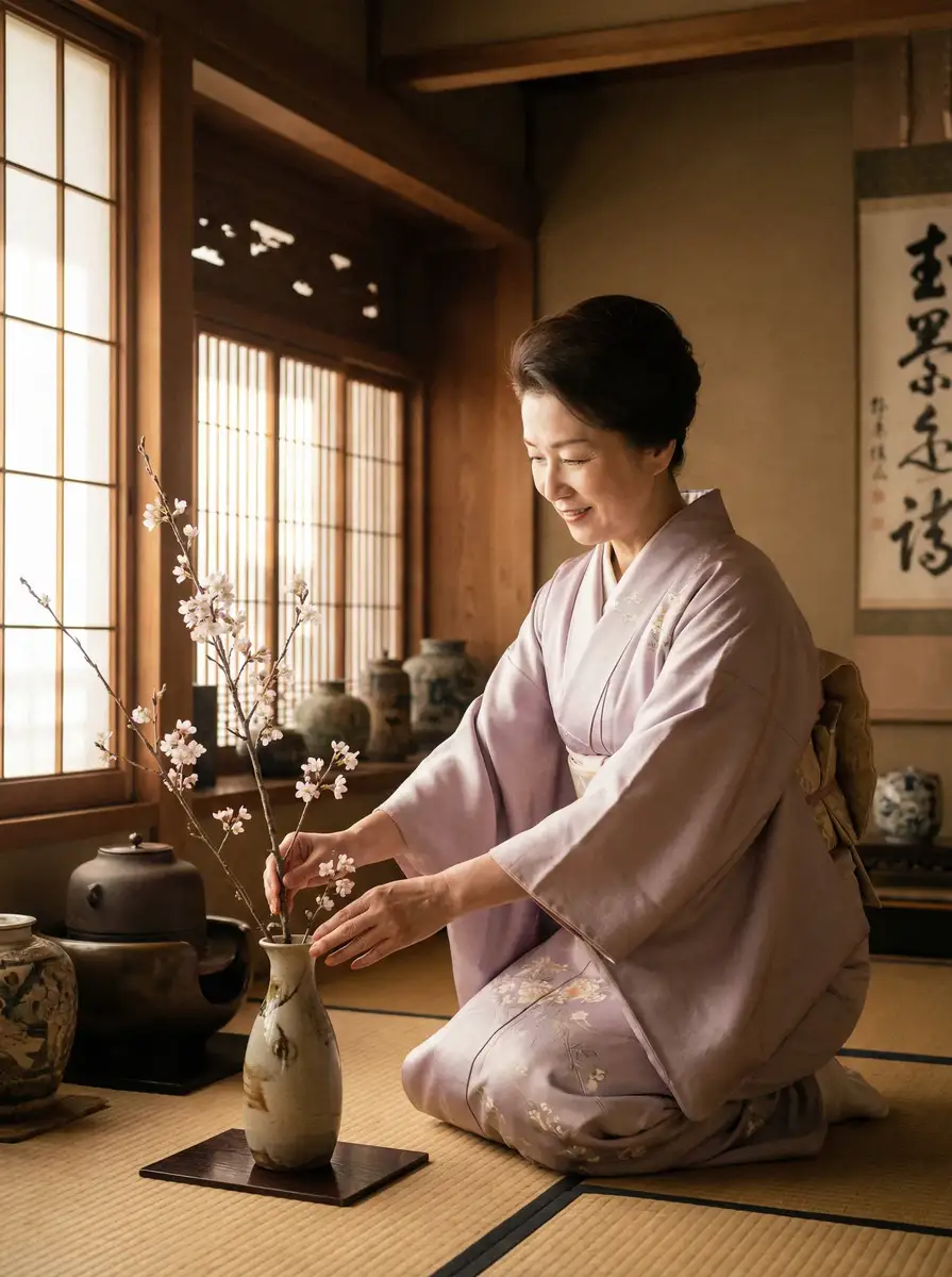 一位优雅的 岛田阳子种子 在和室中插花